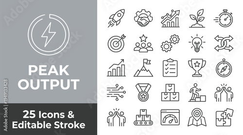 Business icons set for peak performance and productivity with editable stroke