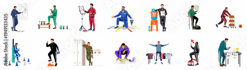 Comprehensive collection of vector illustrations featuring sports coaches in diverse roles from strategy planning and physical training to equipment management and team leadership.