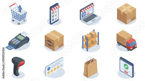 Online shopping-themed isometric icons for e-commerce or retail concepts