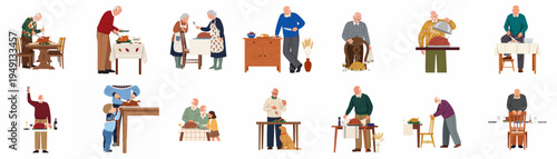 Diverse collection of flat vector illustrations depicting elderly people preparing, serving, and enjoying a traditional holiday dinner with roasted turkey and family.