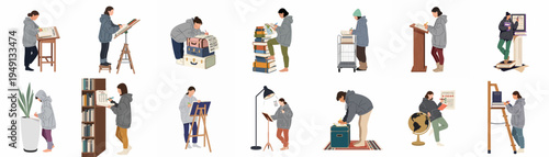 Vector illustrations of a female student engaged in diverse study and research activities using books, globes, and library equipment in various creative settings.