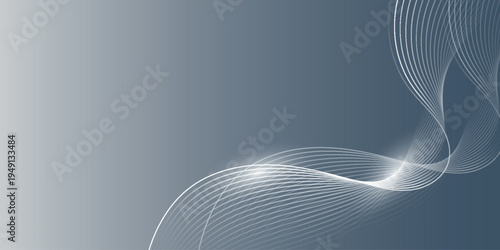 Abstract gray and white gradient background with glowing white wave lines. Modern dynamic flowing wave line design with halo effect. VOL. 4