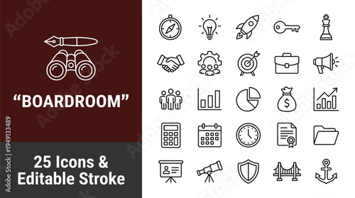 Business icons set with editable stroke for boardroom and presentation