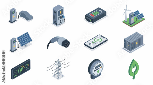 Collection of electric vehicle and renewable energy icons. These icons represent various elements, from charging stations to power lines, illustrating sustainable energy solutions.