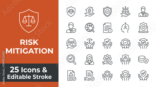 Risk mitigation icons set for business and finance security strategy