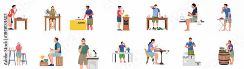 Vector illustration set of people participating in a hot chili pepper eating contest, showing various reactions to spicy food.