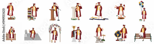 Set of female graduate illustrations in red gowns and caps celebrating academic achievement, success, and future prospects in diverse symbolic settings.