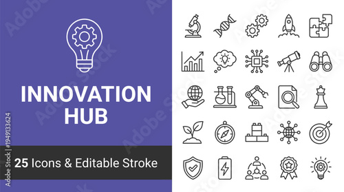 Innovation hub icons set with editable stroke for business and technology concepts