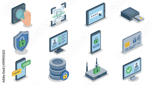 Secure access icons, representing authentication features, encompassing various technologies, protecting data