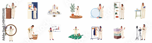 Collection of flat illustrations depicting a professional woman entrepreneur managing a successful organic skincare and lifestyle business through various corporate and creative tasks.