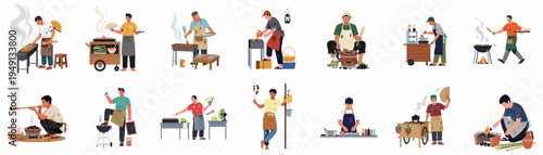 Diverse collection of traditional street food vendors grilling satay and skewers on charcoal grills, representing authentic Asian culinary culture in flat design.