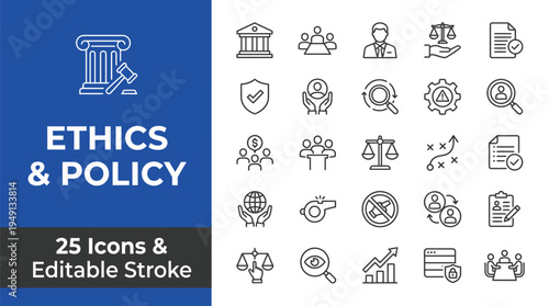 Business ethics policy icons set with law and finance symbols and editable stroke