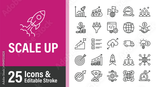 Business growth icons set for marketing strategy and startup scaling