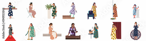 Illustrations of women in floral wrap dresses expressing sadness and crying across various life scenarios, representing diverse emotional experiences and mental health themes.