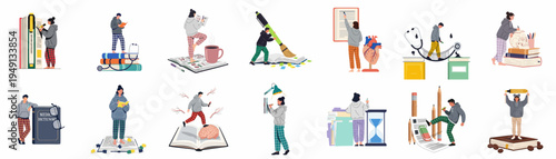 Set of medical student illustrations depicting various study scenarios with textbooks, anatomy, and stationery for healthcare education and exam preparation concepts.