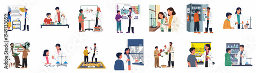 Collection of illustrations showing teachers and students engaged in various science experiments and chemistry lessons in a classroom or laboratory setting.