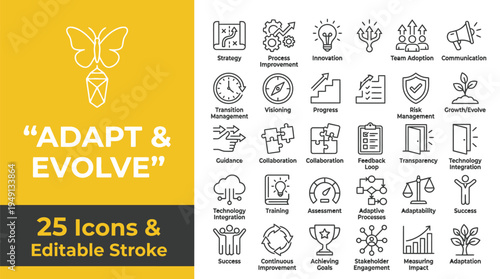 Business icons set for strategy, innovation and adaptation in editable format for marketing