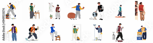 Set of flat vector illustrations depicting a young man in diverse student life scenarios, academic activities, and campus situations wearing varsity jackets.