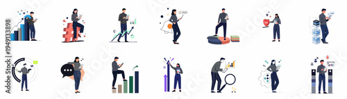 Set of professional flat illustrations featuring business people analyzing data, managing social media campaigns, and using digital tools for corporate growth and strategy.