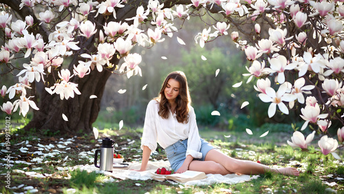 Woman having solo spring picnic under flowering tree