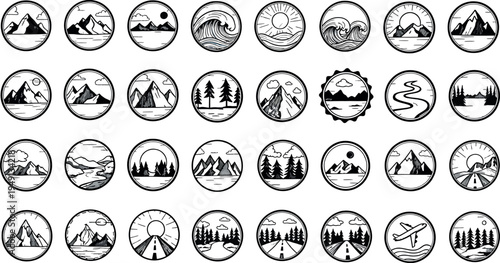 Collection of 25 oval landscape icons isolated on transparent background