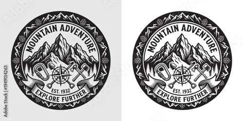 Vintage Mountain Adventure Emblem with Peak Illustration Pine Trees and Climbing Tools Engraving Style