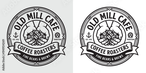 Old Mill Cafe Coffee Roasters Vintage Logo with Hands Holding Roasted Coffee Beans Illustration
