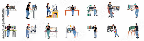 Collection of Diverse Graphic Designers and Digital Artists Working at Modern Workstations with Multiple Monitors and Design Tools