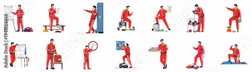 Collection of flat vector illustrations showing a professional sports coach in a red tracksuit performing various training and management duties.