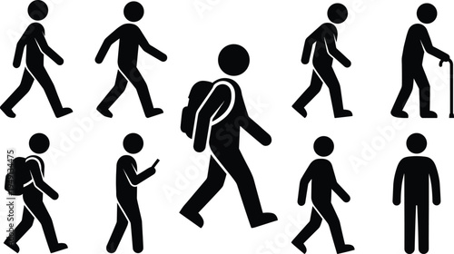 Human walking evolution silhouette icon set including backpack traveler smartphone user elderly cane figure minimal black pictogram collection isolated