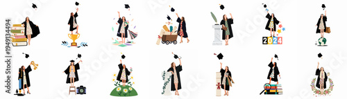 Set of various illustrations of a happy female student in graduation gown and cap celebrating academic success with diverse symbolic props.