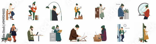Diverse collection of people in warm winter attire working on laptops in various settings, illustrating remote work, freelance, and digital nomad lifestyles.