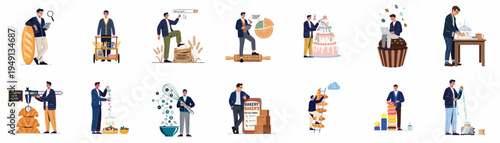 Professional illustrations depicting SEO and digital marketing concepts using creative bakery metaphors, featuring a businessman character analyzing data and organic visibility.