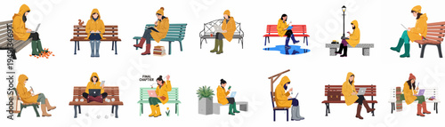 Collection of Flat Illustrations of a Young Woman in a Yellow Raincoat Working and Reading Outdoors on Park Benches in Various Settings