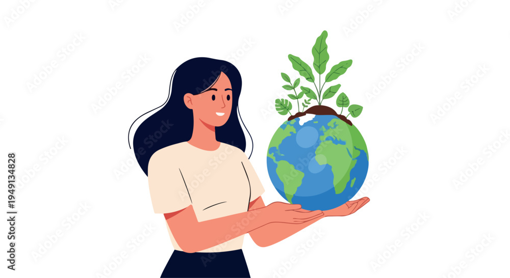Fototapeta premium Illustration of a woman holding a green and blue earth globe with a sprouting plant on top, conveying an eco-friendly and sustainable concept.
