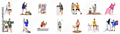 Set of content creators and influencers filming videos, taking selfies, and live streaming using professional equipment and smartphones in flat illustration style.