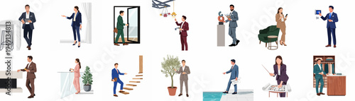 Set of professional real estate agents, architects, and designers illustrated in modern interior and exterior property settings, showcasing various industry roles and activities.