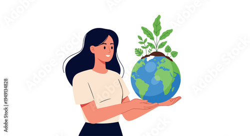 Illustration of a woman holding a green and blue earth globe with a sprouting plant on top, conveying an eco-friendly and sustainable concept.