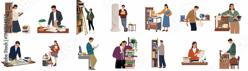 Flat vector illustration collection of legal professionals and students studying, researching, and organizing books in a law library or office.