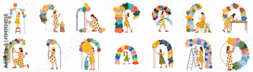Set of vector illustrations featuring a creative woman in a sunflower dress decorating various events with colorful balloon arches, garlands, and festive arrangements.