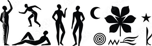 Diverse collection of human figure silhouettes in various poses and abstract geometric symbols including celestial moon, star, floral shapes, and target icons