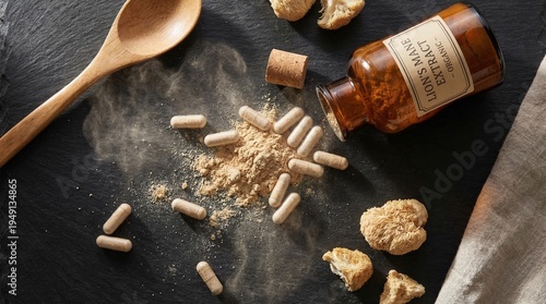 Obraz na płótnie Natural herbal supplement capsules spilling out of an amber glass bottle onto a dark slate surface