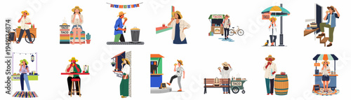 Set of illustrations featuring various people enjoying delicious tacos from street food vendors and outdoor settings in a flat graphic style.