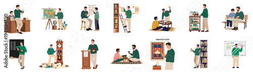 Collection of flat vector illustrations depicting a creative male tutor teaching and mentoring a young student through various educational activities and games.