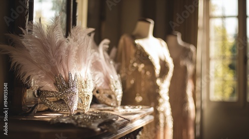 dresser. Vintage dressing table with scattered feather headpieces and sequined costumes. lifestyle magazines, social media lookbooks, designed for lifestyle magazines and social media content.