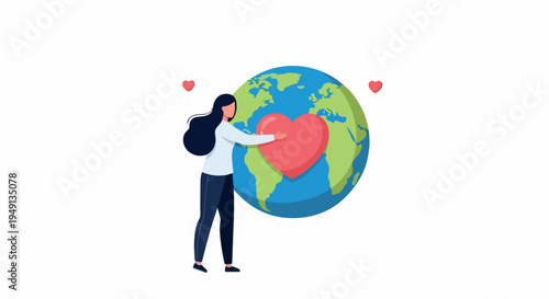 Illustration of a woman hugging a heart-shaped globe with floating hearts, conveying love and care for the planet in a colorful, flat design.