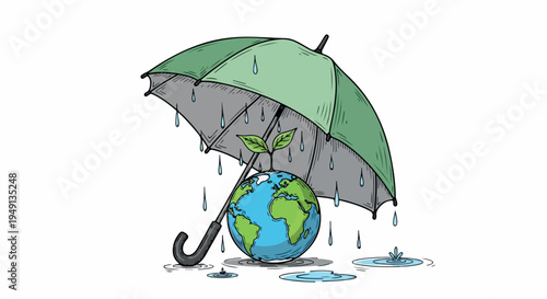 Illustration of a green umbrella sheltering a blue and green globe from rain with puddles on a white background.