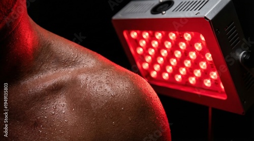 Εκτύπωση καμβά Close up of a sweaty athlete bare shoulder undergoing deep red LED light therapy, muscle recovery