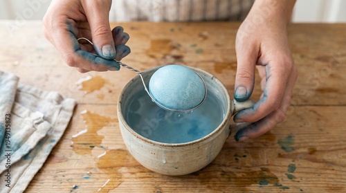 фотографія POV of hands using a metal whisk to dye boiled eggs in a mug of blue liquid, Easter holiday tradition