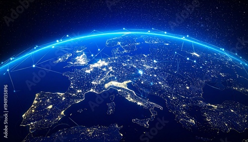 3D map of Europe with glowing nodes and connecting lines, symbolizing technological infrastructure, communication, and industrial connectivity.